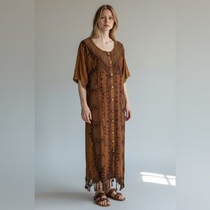 Elegant Brown Boho Button-Down Dress no label tag NWOT